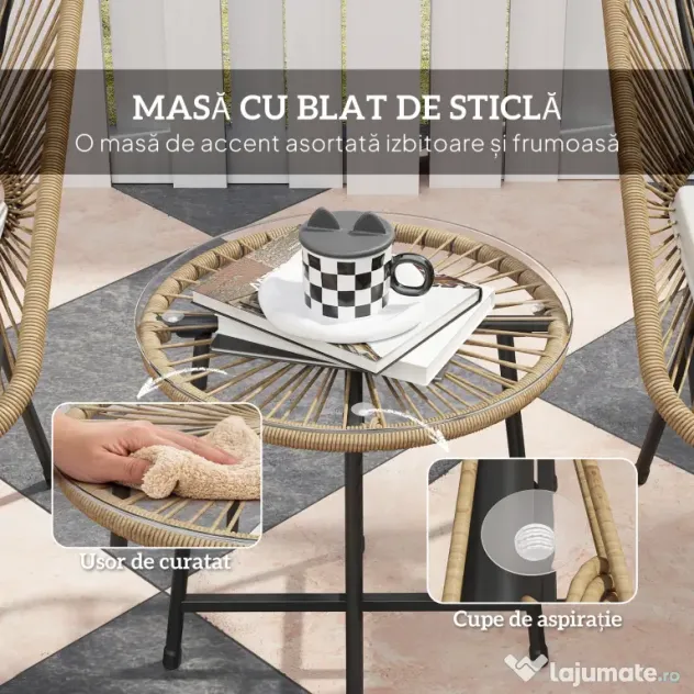 Outsunny Set de Grădină 3 Piese din Ratan PE și Oțel cu 2 Scaune cu Perne și Masă Rotundă, Multicolor