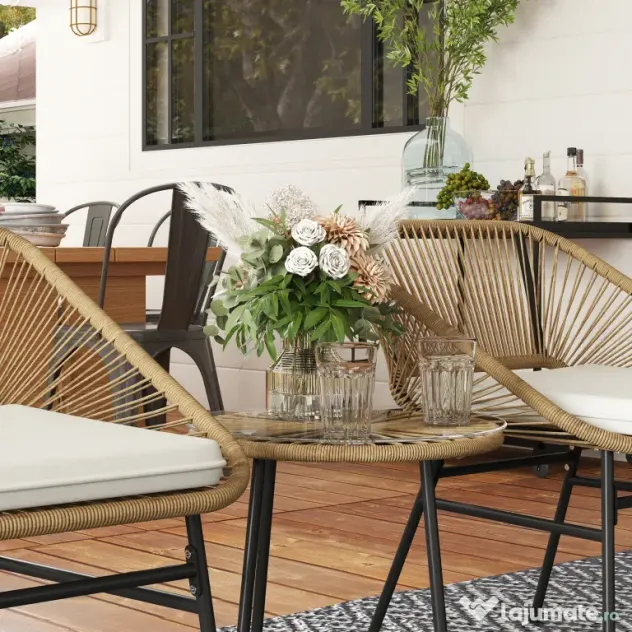 Outsunny Set de Grădină 3 Piese din Ratan PE și Oțel cu 2 Scaune cu Perne și Masă Rotundă, Multicolor