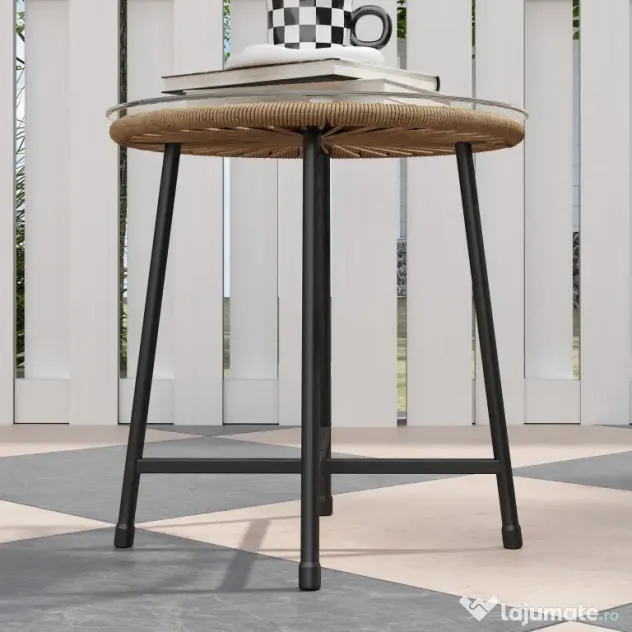 Outsunny Set de Grădină 3 Piese din Ratan PE și Oțel cu 2 Scaune cu Perne și Masă Rotundă, Multicolor