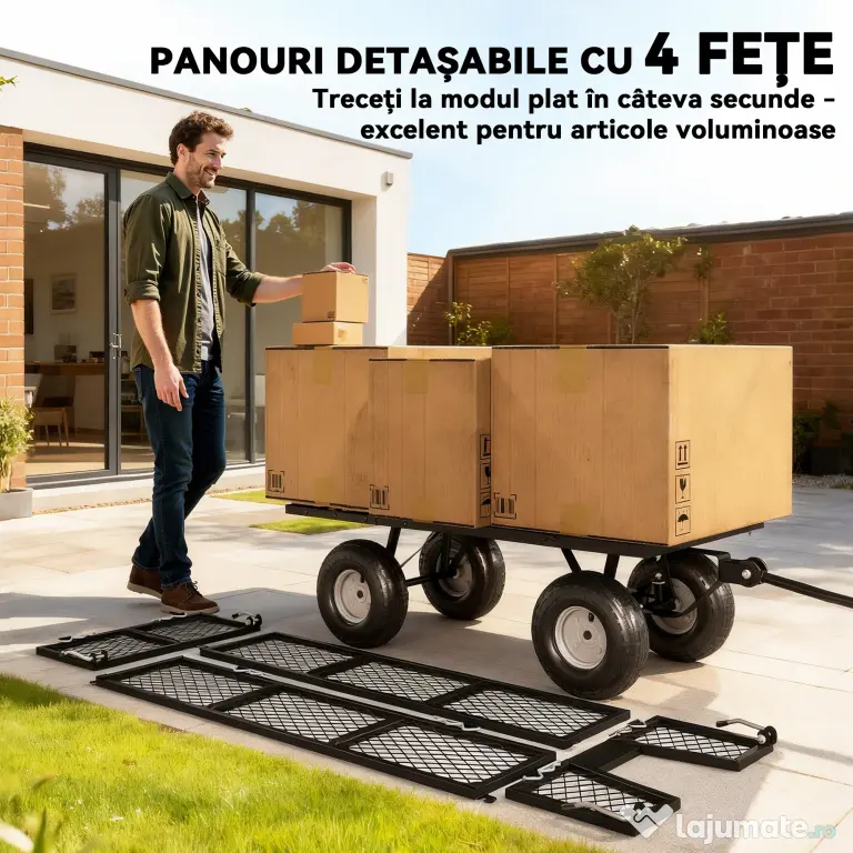 Outsunny Cărucior de Grădină de 114L cu Pereți Laterali Detașabili și Mâner Rotativ, 105x51x54 cm, Negru | Aosom Romania