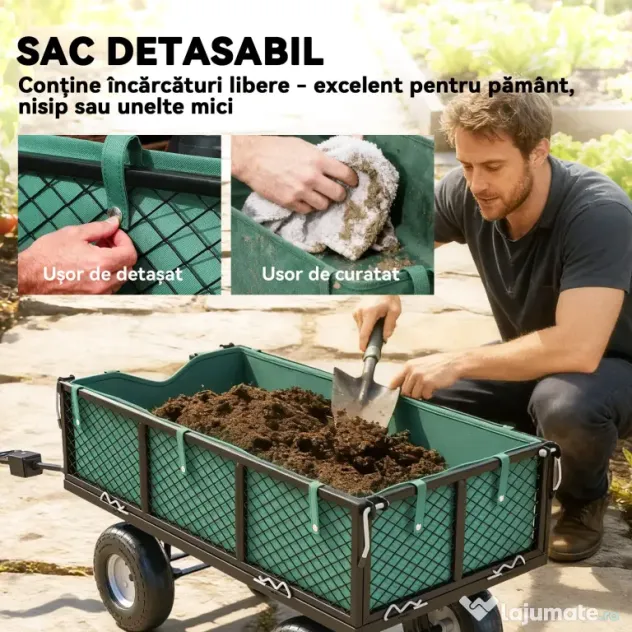 Outsunny Cărucior de Grădină de 114L cu Pereți Laterali Detașabili și Mâner Rotativ, 105x51x54 cm, Negru | Aosom Romania