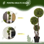 HOMCOM Plantă Artificială de Buxus cu 3 Sfere, Ghiveci Inclus și Bază Întărită, Ø19,5x115 cm, Verde | Aosom Romania