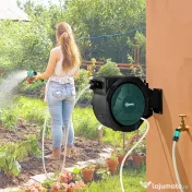 Outsunny Suport pentru Furtun de Grădină Retractabil cu Furtun de Apă 30+2 m, 7 Moduri, Negru
