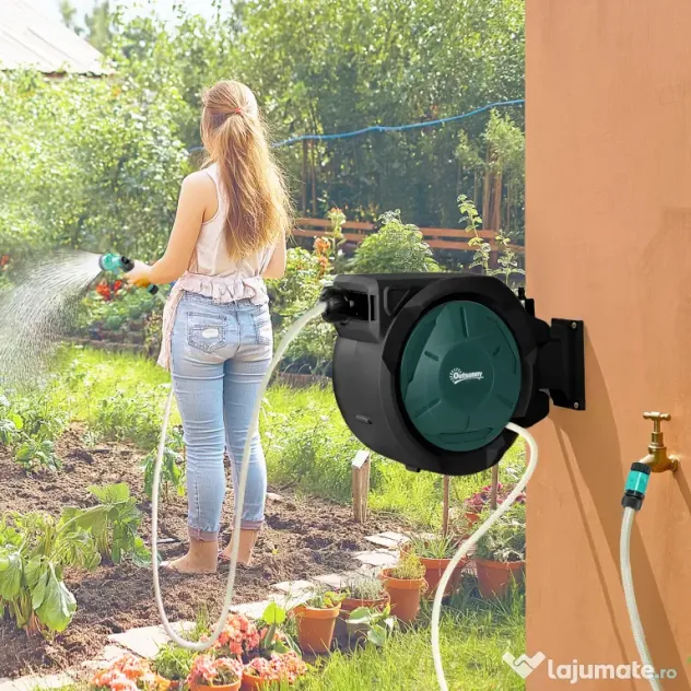 Outsunny Suport pentru Furtun de Grădină Retractabil cu Furtun de Apă 30+2 m, 7 Moduri, Negru