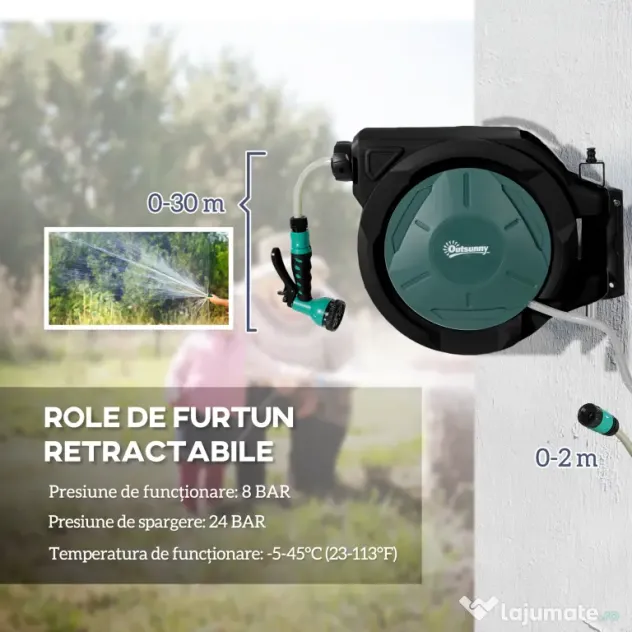 Outsunny Suport pentru Furtun de Grădină Retractabil cu Furtun de Apă 30+2 m, 7 Moduri, Negru