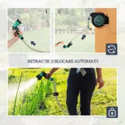 Outsunny Suport pentru Furtun de Grădină Retractabil cu Furtun de Apă 30+2 m, 7 Moduri, Negru
