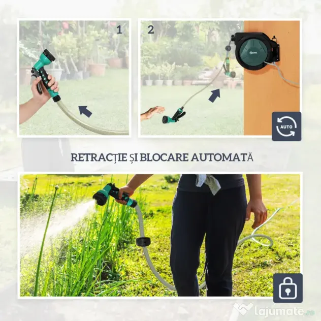 Outsunny Suport pentru Furtun de Grădină Retractabil cu Furtun de Apă 30+2 m, 7 Moduri, Negru