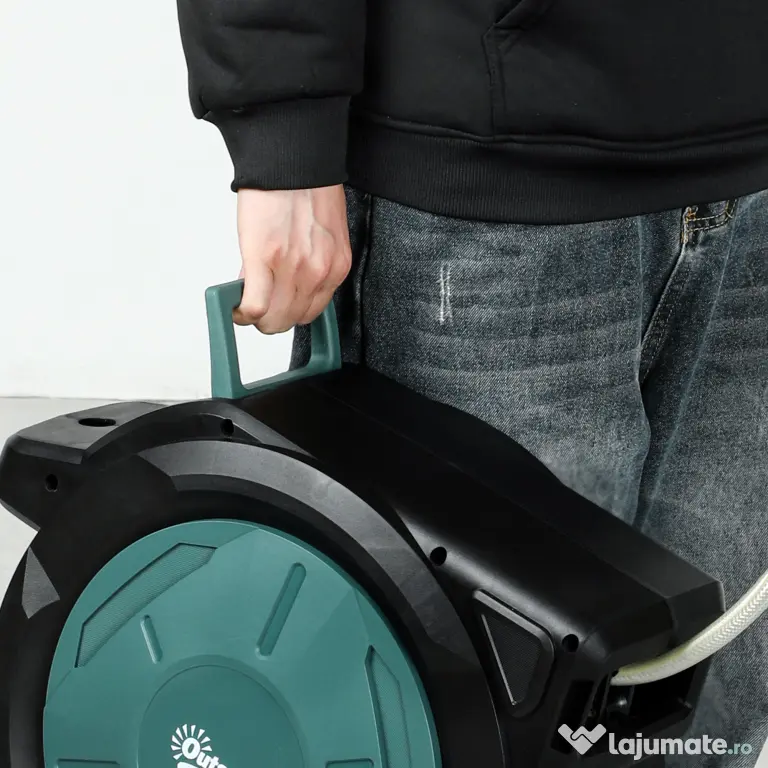 Outsunny Suport pentru Furtun de Grădină Retractabil cu Furtun de Apă 30+2 m, 7 Moduri, Negru