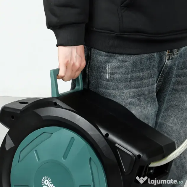 Outsunny Suport pentru Furtun de Grădină Retractabil cu Furtun de Apă 30+2 m, 7 Moduri, Negru