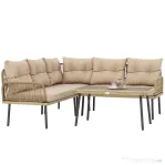 Outsunny Mobilier de grădină din ratan cu 2 canapele, fotoliu colțar cu perne și măsuță din sticlă, culoare lemn