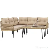 Outsunny Mobilier de grădină din ratan cu 2 canapele, fotoliu colțar cu perne și măsuță din sticlă, culoare lemn