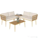 Outsunny Set Mobilier de Exterior din Ratan PE cu 2 Canapele de 2 Locuri cu Perne și 2 Mese de Cafea, Culoare Lemn