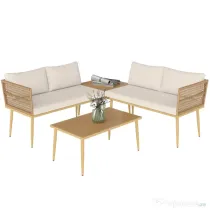 Outsunny Set Mobilier de Exterior din Ratan PE cu 2 Canapele de 2 Locuri cu Perne și 2 Mese de Cafea, Culoare Lemn