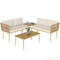 Outsunny Set Mobilier de Grădină din 4 Piese cu 2 Canapele și 2 Măsuțe de Cafea, 116x65x70 cm, Alb Crem | Aosom Romania 
