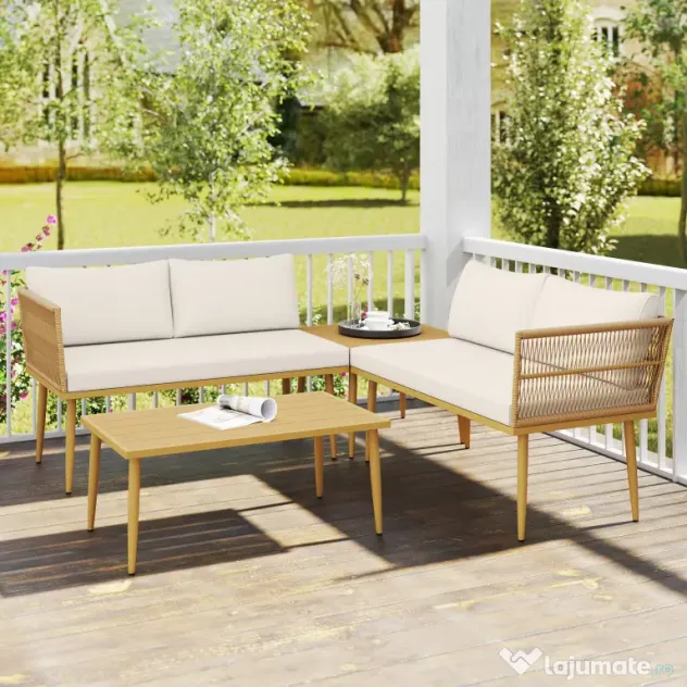 Outsunny Set Mobilier de Grădină din 4 Piese cu 2 Canapele și 2 Măsuțe de Cafea, 116x65x70 cm, Alb Crem | Aosom Romania