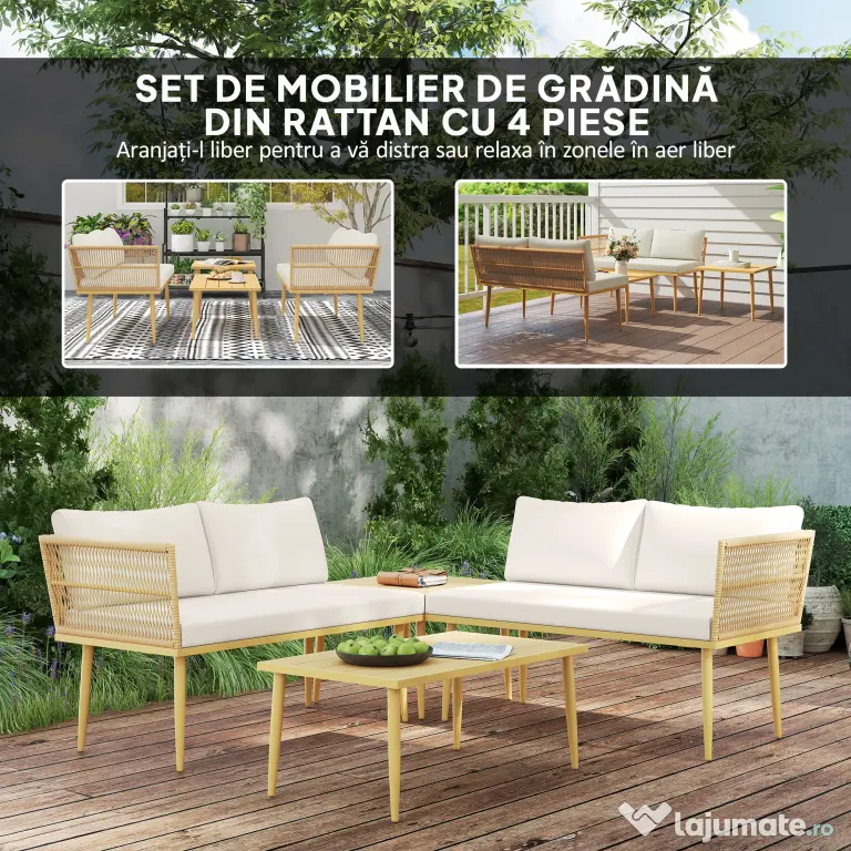 Outsunny Set Mobilier de Grădină din 4 Piese cu 2 Canapele și 2 Măsuțe de Cafea, 116x65x70 cm, Alb Crem | Aosom Romania