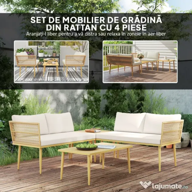 Outsunny Set Mobilier de Grădină din 4 Piese cu 2 Canapele și 2 Măsuțe de Cafea, 116x65x70 cm, Alb Crem | Aosom Romania