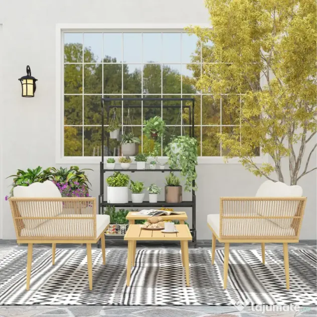 Outsunny Set Mobilier de Grădină din 4 Piese cu 2 Canapele și 2 Măsuțe de Cafea, 116x65x70 cm, Alb Crem | Aosom Romania