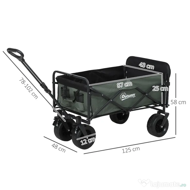 Outsunny Cărucior Pliabil de Grădină cu Deschidere Posterioară, Roți, Buzunare de Depozitare și Mâner, 125x48x78-102 cm, Verde | Aosom Romania