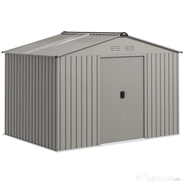 Outsunny Magazie de Grădină 4,9 m² 277x195x192 cm cu 2 Uși Culisante, Acoperiș Înclinat și 4 Grile de Ventilație, Gri Argintiu | Aosom Romania