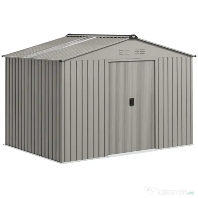 Outsunny Magazie de Grădină 4,9 m² 277x195x192 cm cu 2 Uși Culisante, Acoperiș Înclinat și 4 Grile de Ventilație, Gri Argintiu | Aosom Romania