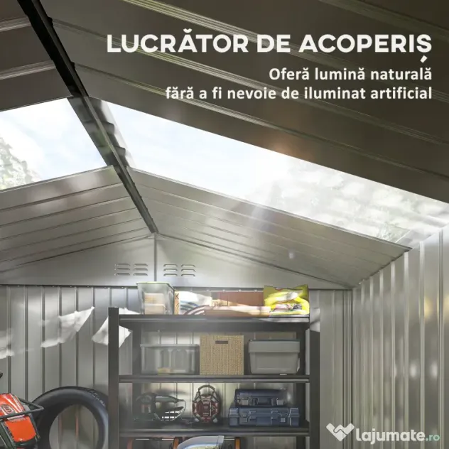 Outsunny Magazie de Grădină 4,9 m² 277x195x192 cm cu 2 Uși Culisante, Acoperiș Înclinat și 4 Grile de Ventilație, Gri Argintiu | Aosom Romania