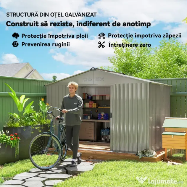 Outsunny Magazie de Grădină 4,9 m² 277x195x192 cm cu 2 Uși Culisante, Acoperiș Înclinat și 4 Grile de Ventilație, Gri Argintiu | Aosom Romania