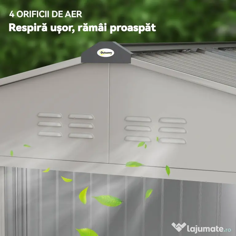 Outsunny Magazie de Grădină 4,9 m² 277x195x192 cm cu 2 Uși Culisante, Acoperiș Înclinat și 4 Grile de Ventilație, Gri Argintiu | Aosom Romania