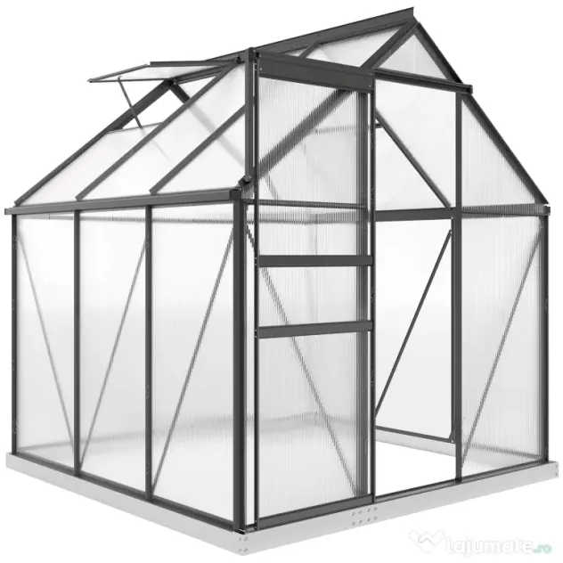 Outsunny Seră din Policarbonat și Aluminiu cu Ușă Glisantă și Fereastră Reglabilă pe Acoperiș, 3.6㎡, Gri | Aosom Romania