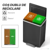 HOMCOM Coș de Gunoi cu 2 Secțiuni cu Pedală de 20L din Oțel și PP Negru 