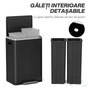 HOMCOM Coș de Gunoi cu 2 Secțiuni cu Pedală de 20L din Oțel și PP Negru 