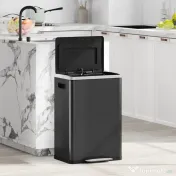 HOMCOM Coș de Gunoi cu 2 Secțiuni cu Pedală de 20L din Oțel și PP Negru 