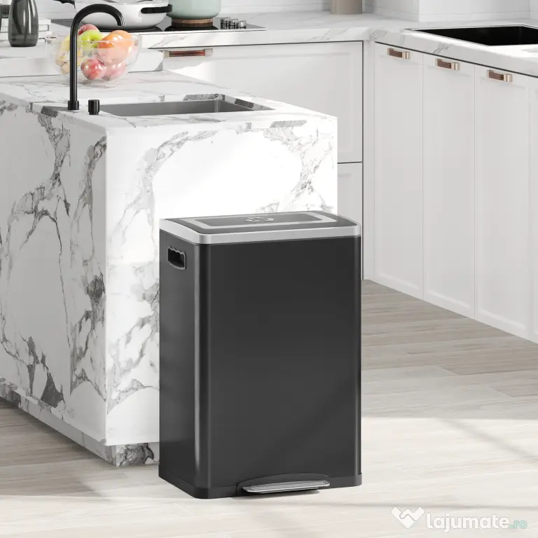 HOMCOM Coș de Gunoi cu 2 Secțiuni de 20L cu Pedală și Capac cu Închidere Moale, din Oțel Inoxidabil și PP, 40x34.8x59 cm, Negru | Aosom Romania