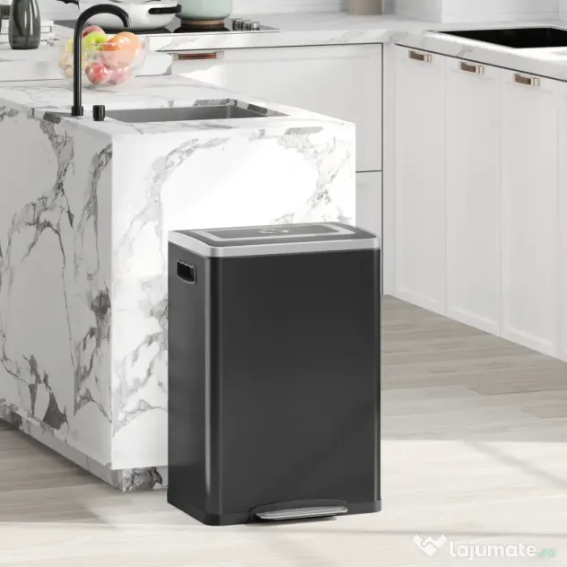 HOMCOM Coș de Gunoi cu 2 Secțiuni de 20L cu Pedală și Capac cu Închidere Moale, din Oțel Inoxidabil și PP, 40x34.8x59 cm, Negru | Aosom Romania
