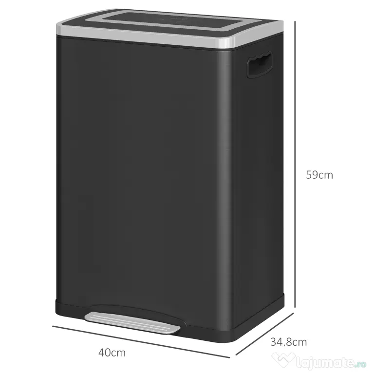 HOMCOM Coș de Gunoi cu 2 Secțiuni de 20L cu Pedală și Capac cu Închidere Moale, din Oțel Inoxidabil și PP, 40x34.8x59 cm, Negru | Aosom Romania