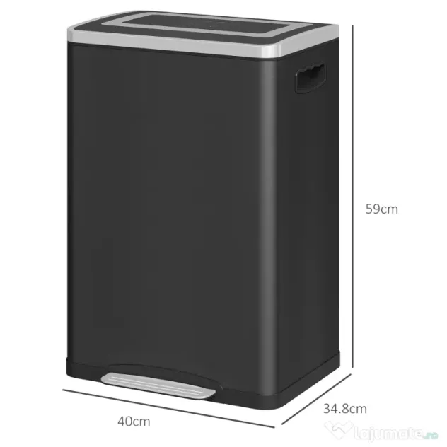 HOMCOM Coș de Gunoi cu 2 Secțiuni de 20L cu Pedală și Capac cu Închidere Moale, din Oțel Inoxidabil și PP, 40x34.8x59 cm, Negru | Aosom Romania