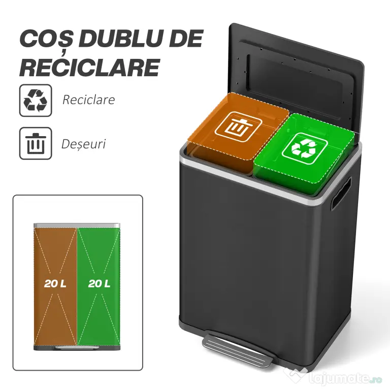 HOMCOM Coș de Gunoi cu 2 Secțiuni de 20L cu Pedală și Capac cu Închidere Moale, din Oțel Inoxidabil și PP, 40x34.8x59 cm, Negru | Aosom Romania
