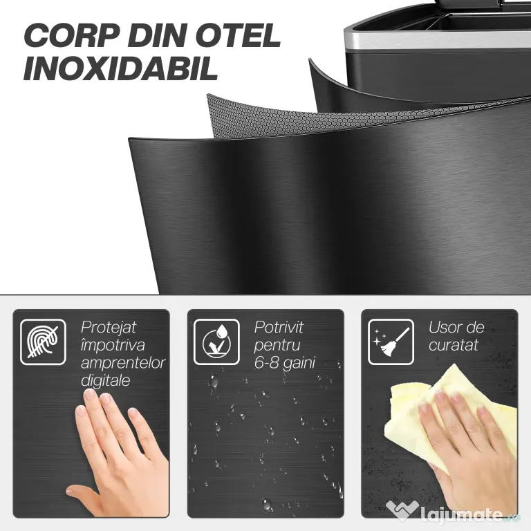 HOMCOM Coș de Gunoi cu 2 Secțiuni de 20L cu Pedală și Capac cu Închidere Moale, din Oțel Inoxidabil și PP, 40x34.8x59 cm, Negru | Aosom Romania