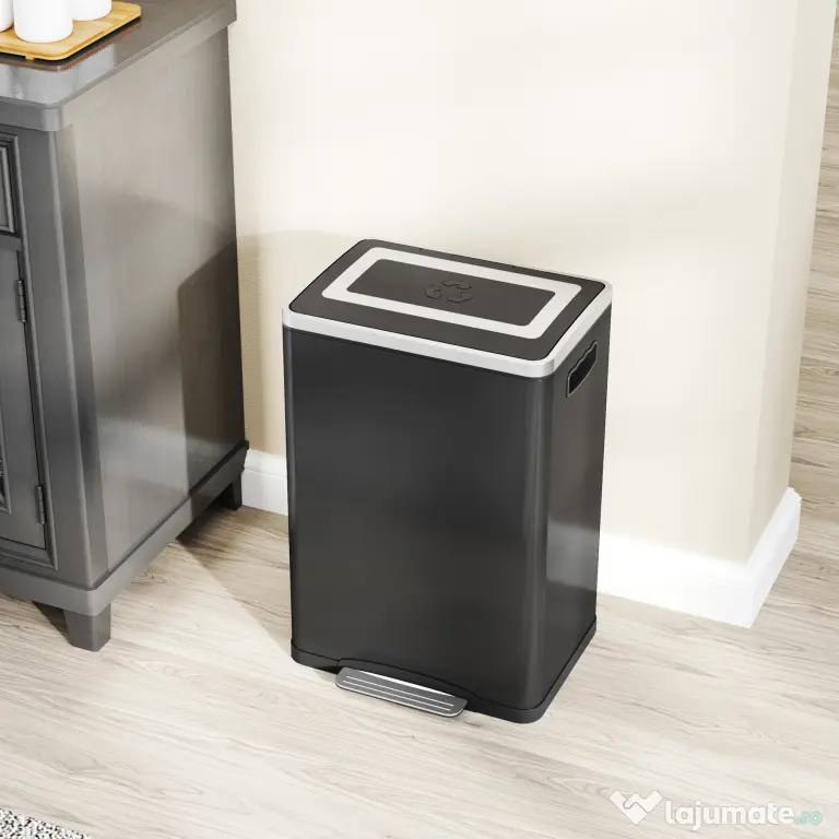 HOMCOM Coș de Gunoi cu 2 Secțiuni de 20L cu Pedală și Capac cu Închidere Moale, din Oțel Inoxidabil și PP, 40x34.8x59 cm, Negru | Aosom Romania