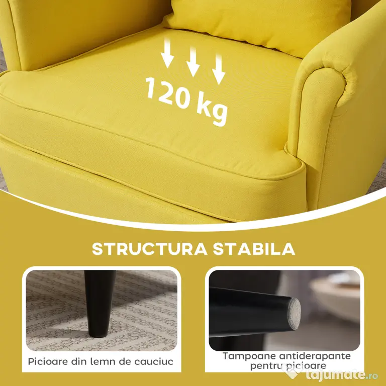 HOMCOM Fotoliu cu Taburet Asortat în Stil Contemporan Galben | Aosom Romania