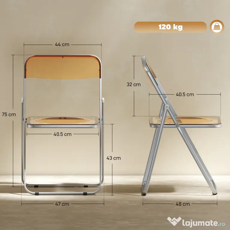 HOMCOM Set de 4 Scaune Pliabile din Acril, Scaune Pliabile Economisitoare de Spațiu din Oțel, Scaun Pliabil pentru Interior pentru Casă, Birou, Petreceri și Evenimente, 47x48x75 cm, Portocaliu | Aosom Romania