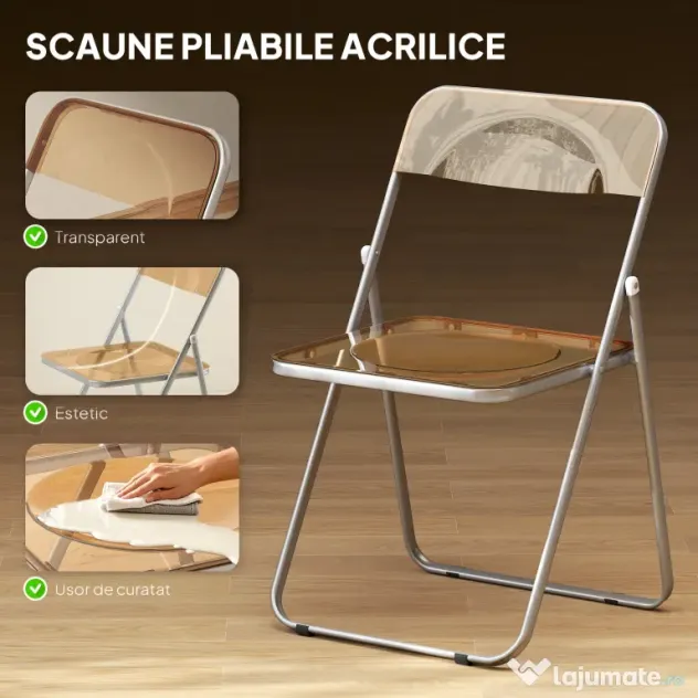 HOMCOM Set de 4 Scaune Pliabile din Acril, Scaune Pliabile Economisitoare de Spațiu din Oțel, Scaun Pliabil pentru Interior pentru Casă, Birou, Petreceri și Evenimente, 47x48x75 cm, Portocaliu | Aosom Romania