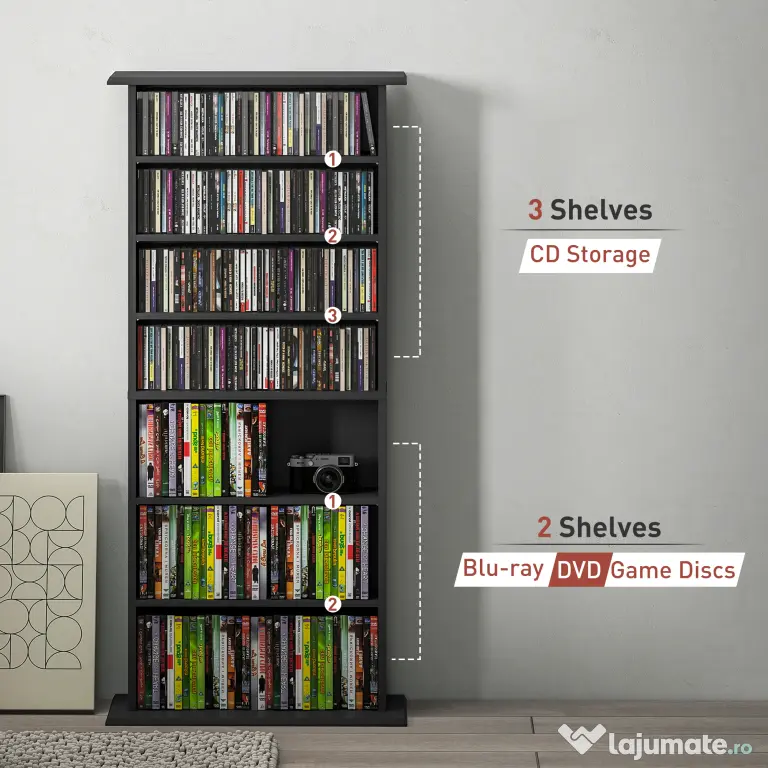 HOMCOM Dulap pentru CD-uri cu 6 Rafturi Reglabile pentru 360 CD-uri/185 DVD-uri Negru | Aosom Romania