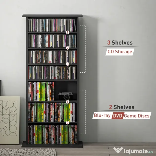 HOMCOM Dulap pentru CD-uri cu 6 Rafturi Reglabile pentru 360 CD-uri/185 DVD-uri Negru | Aosom Romania