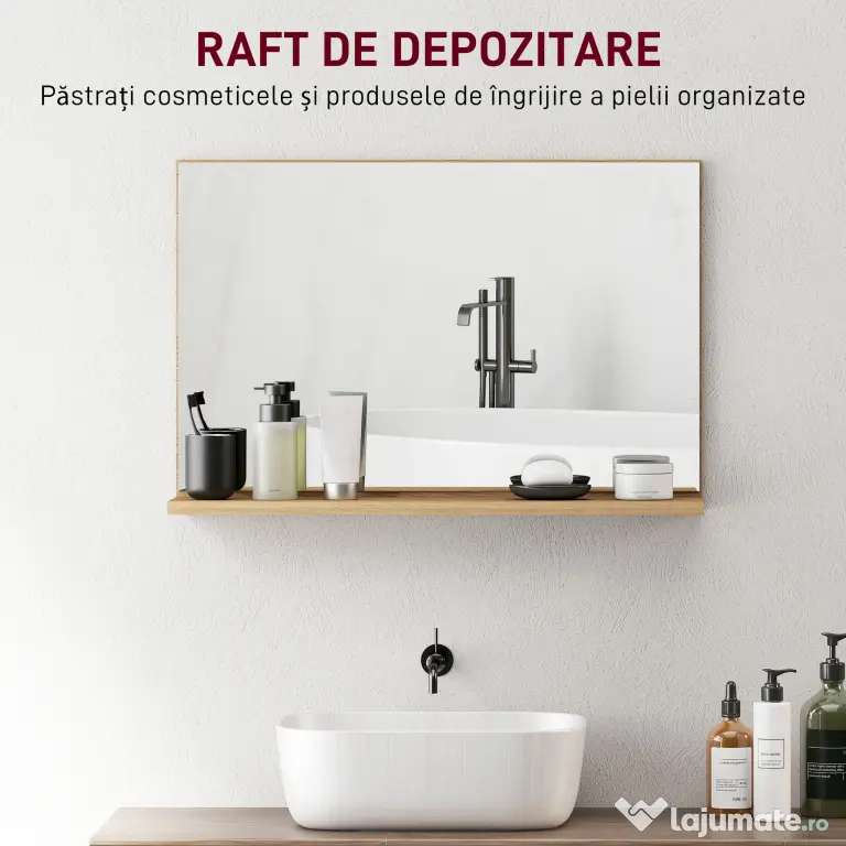 kleankin Oglindă de Baie Modernă cu Poliță 60x12x40 cm, Lemn | Aosom Romania