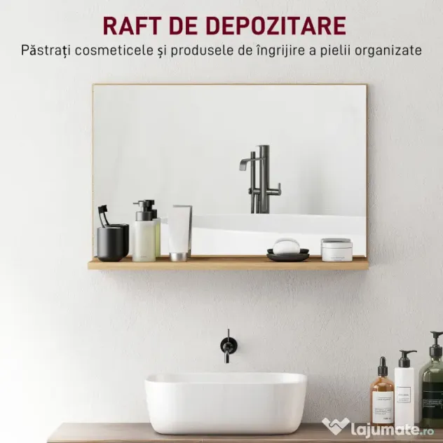 kleankin Oglindă de Baie Modernă cu Poliță 60x12x40 cm, Lemn | Aosom Romania