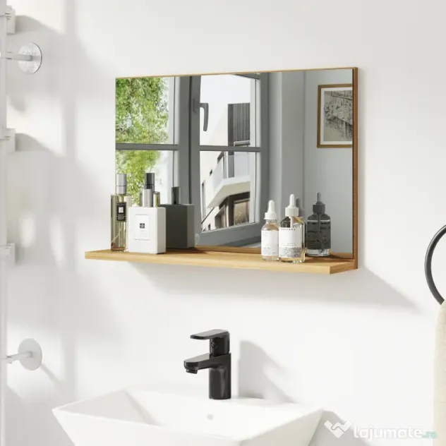 kleankin Oglindă de Baie Modernă cu Poliță 60x12x40 cm, Lemn | Aosom Romania