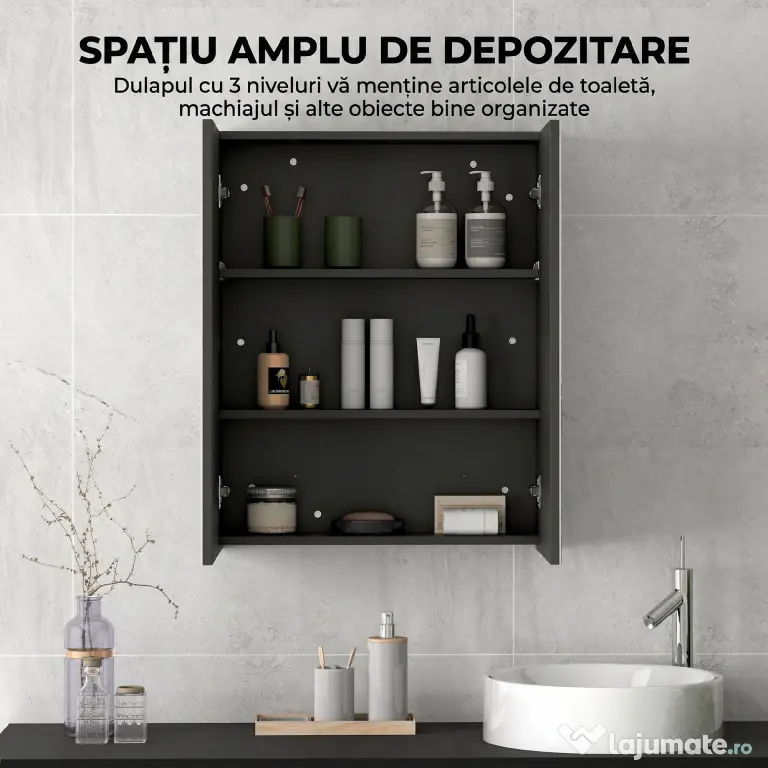HOMCOM Dulap Suspendat de Baie cu 2 Uși cu Oglindă și 2 Rafturi Interne 60x15x75cm, Negru | Aosom Romania