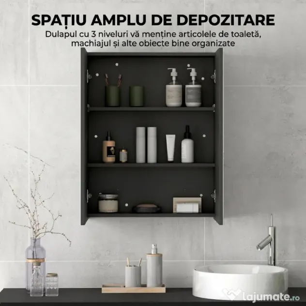 HOMCOM Dulap Suspendat de Baie cu 2 Uși cu Oglindă și 2 Rafturi Interne 60x15x75cm, Negru | Aosom Romania