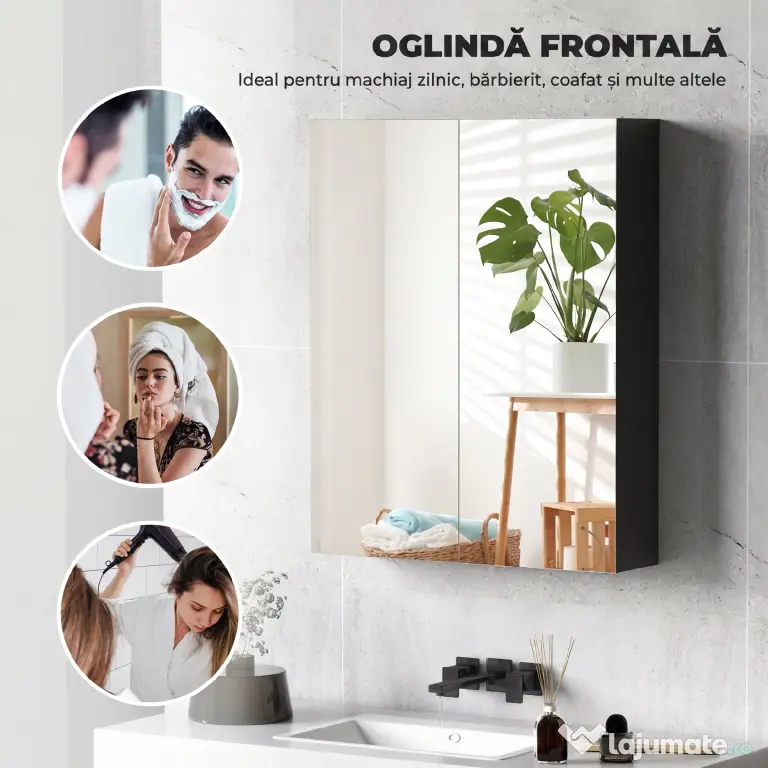 HOMCOM Dulap Suspendat de Baie cu 2 Uși cu Oglindă și 2 Rafturi Interne 60x15x75cm, Negru | Aosom Romania